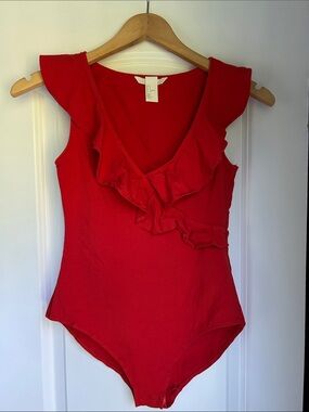 H&M Vibrant Red-Orange Ruffle V-Neck Bodysuit